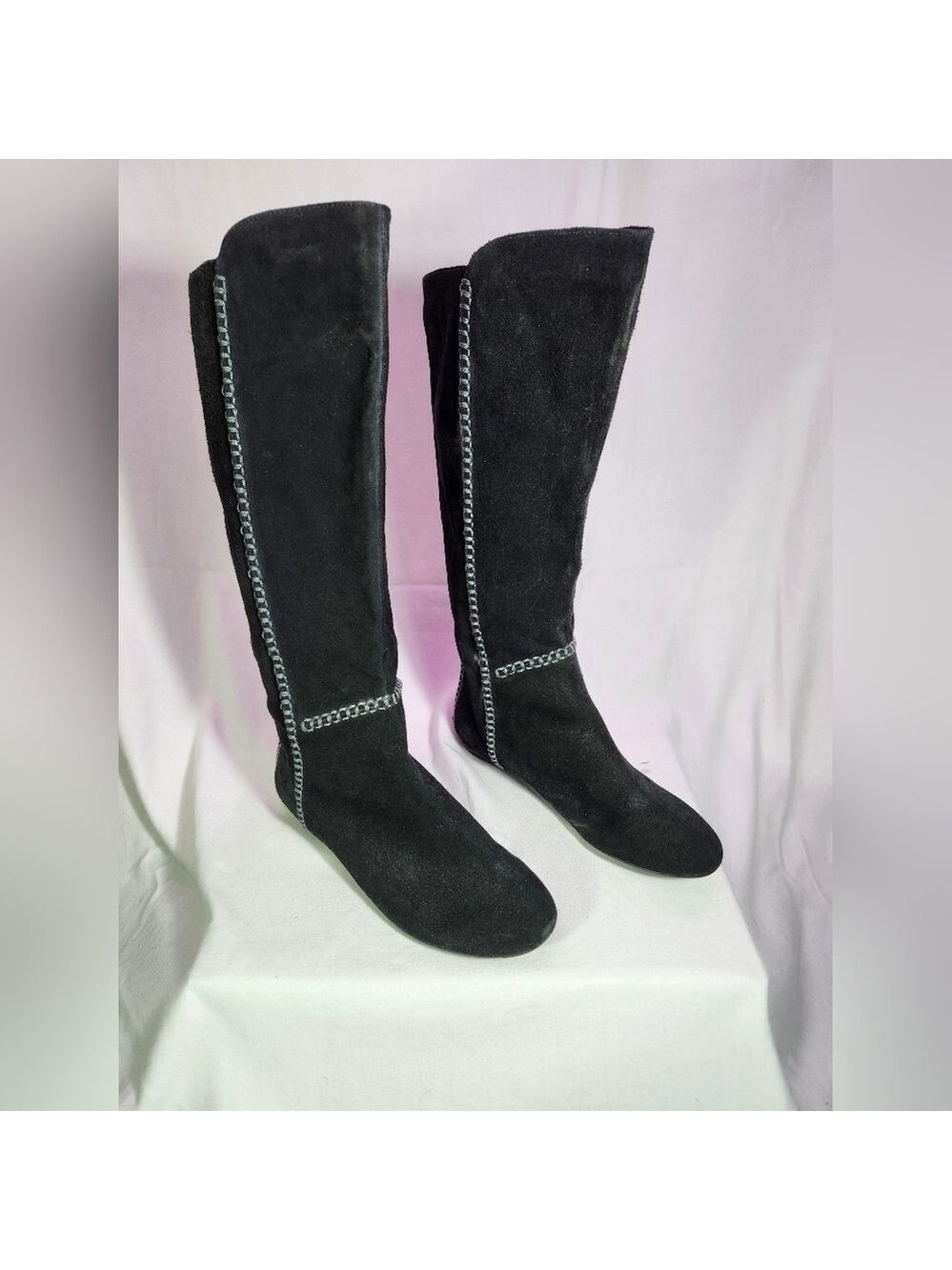 Black Suede Below The Knee Boots By B. Makowsky With Moccasin Style Stitching 8M